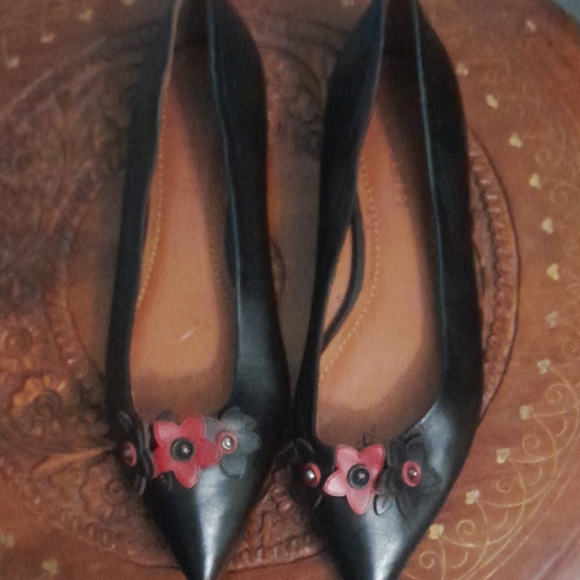 Coach Shoes - Coach Black Pointed Leather Flats with Red Flower Accents